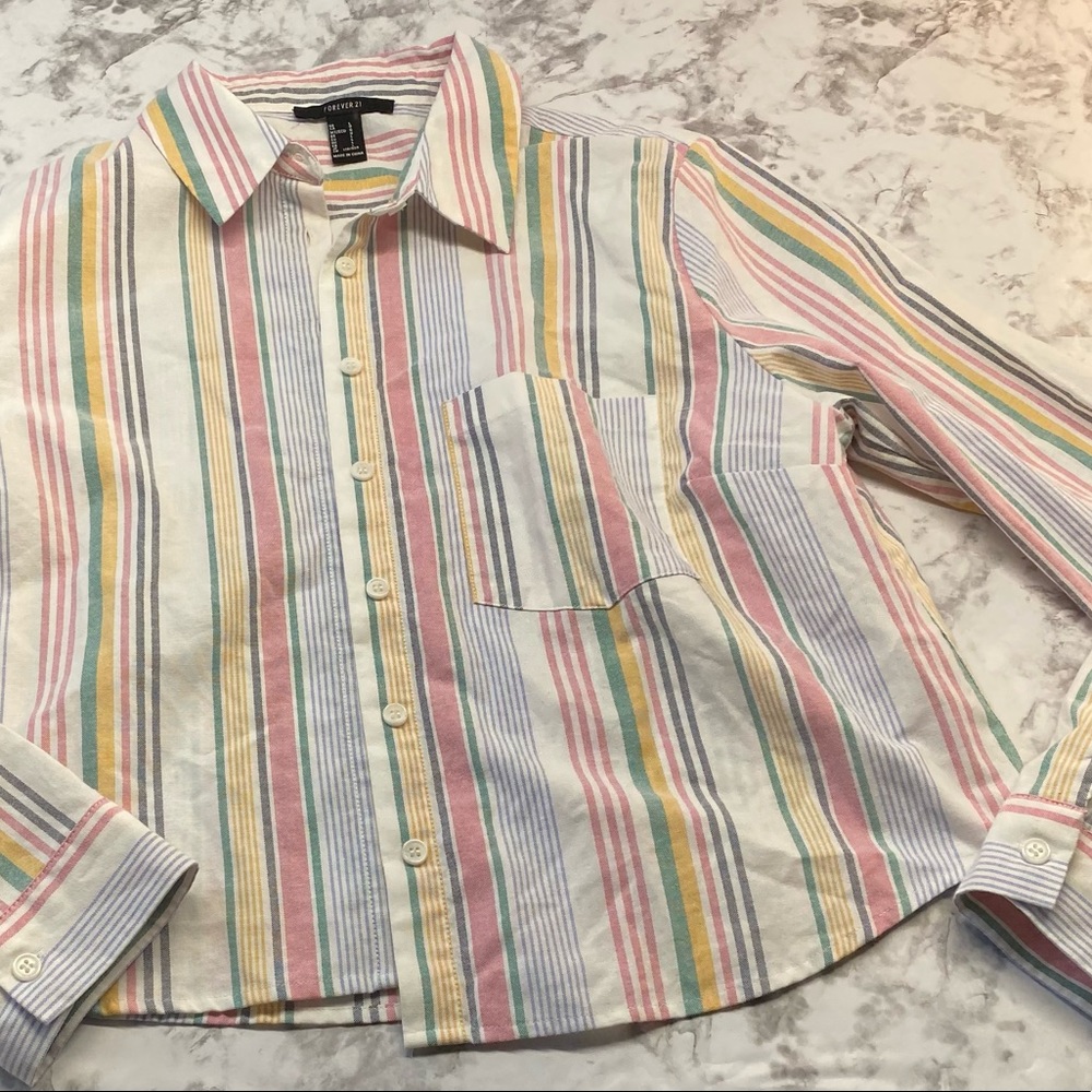 Forever 21 MultiColor Striped Crop Button Front Long Sleeve Top Size Large - Picture 15 of 15